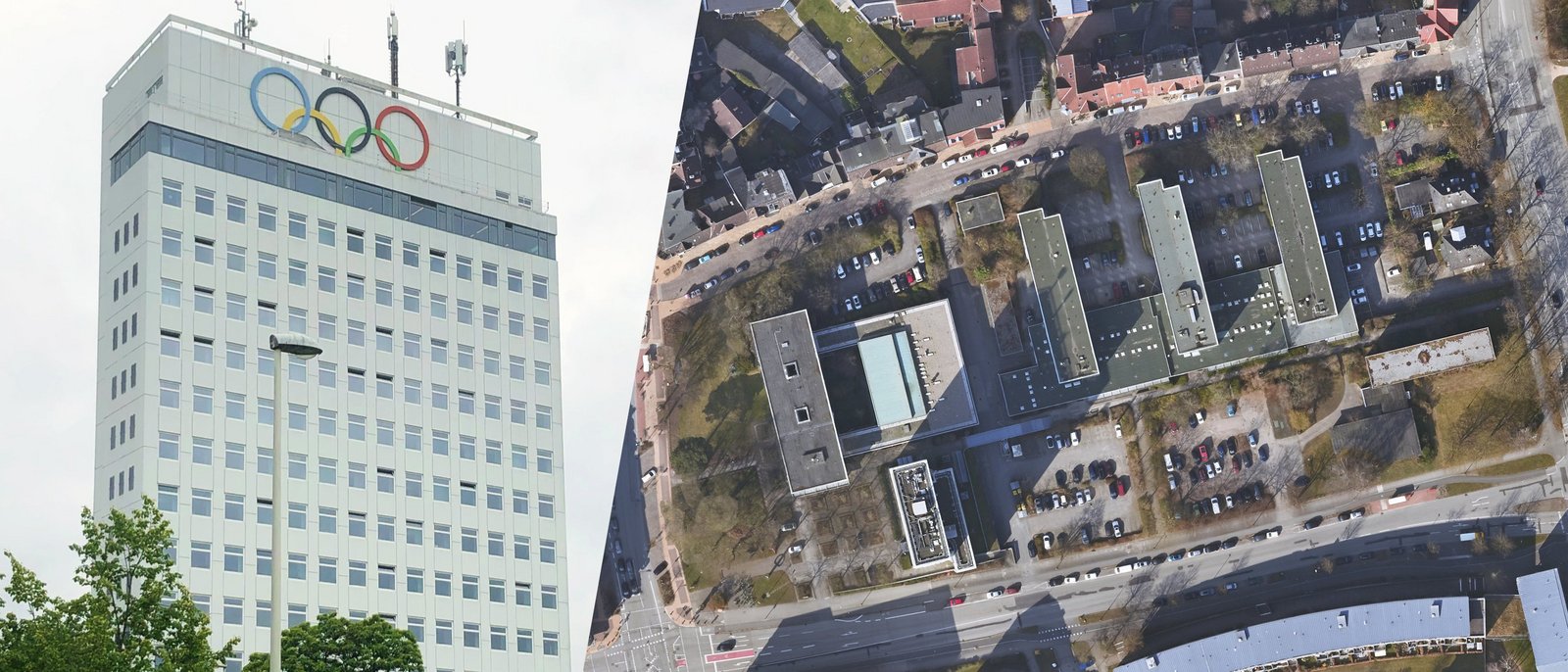 Auf der linken Seite befindet sich das Olympia-Hochhaus in Kiel-Wik. Auf der rechten Seite ist ein Luftbild des Areals zu sehen.