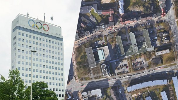 Auf der linken Seite befindet sich das Olympia-Hochhaus in Kiel-Wik. Auf der rechten Seite ist ein Luftbild des Areals zu sehen.