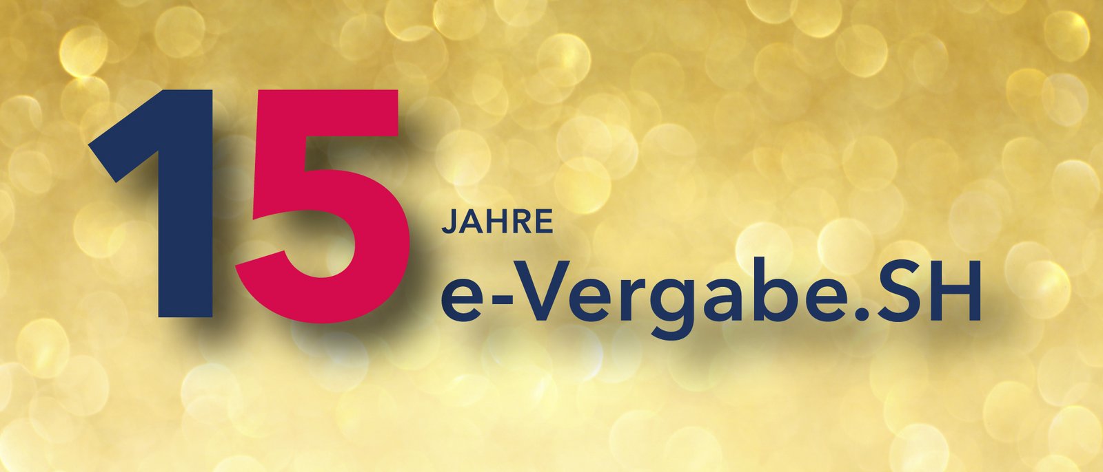 Die Zahl Fünfzehn steht vor einem glitzernden Hintergrund. Rechts neben der großen Zahl steht "Jahre e-Vergabe.SH". 