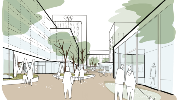 Visualisierung eines Platzes mit Menschen, Häusern, Bäumen