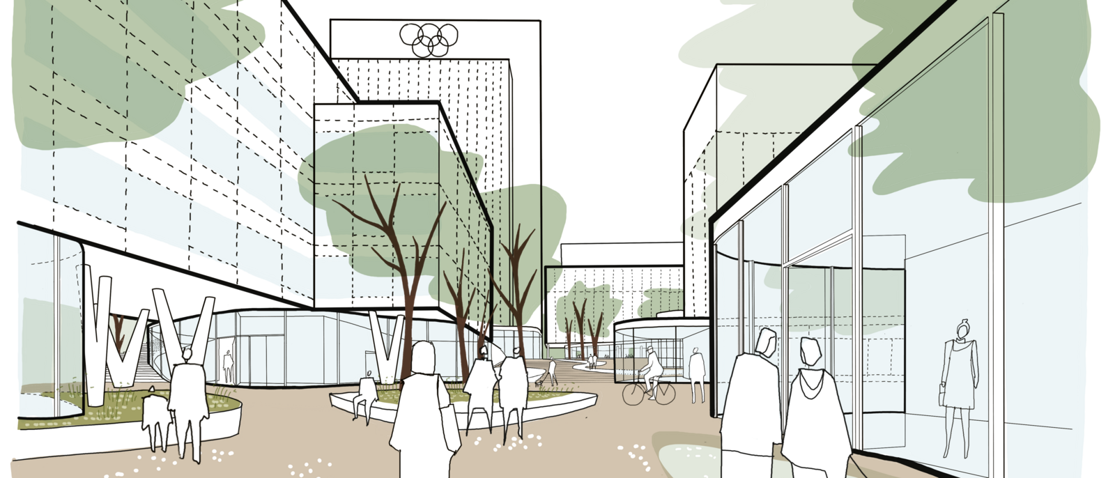 Visualisierung eines Platzes mit Menschen, Häusern, Bäumen