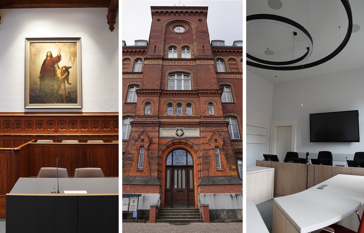 Collage des Land- und Amtsgerichts Flensburg: links der Schwurgerichtssaal, in der Mitte das Gerichtsgebäude von außen, rechts ein Verhandlungssaal.