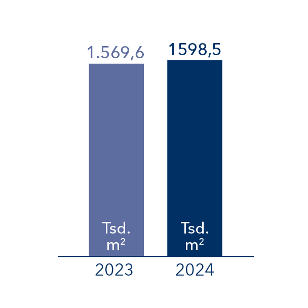 Säulendiagramm: 2024 betrug die Fläche 1598,5 tausend Quadratmeter