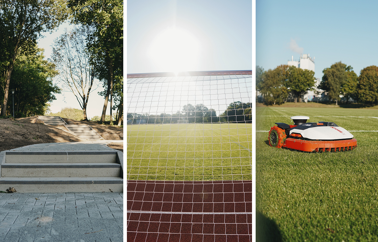 Collage mit drei Bildern vom Projekt: Treppenaufstieg, Fußballtor und Rasenmähroboter.